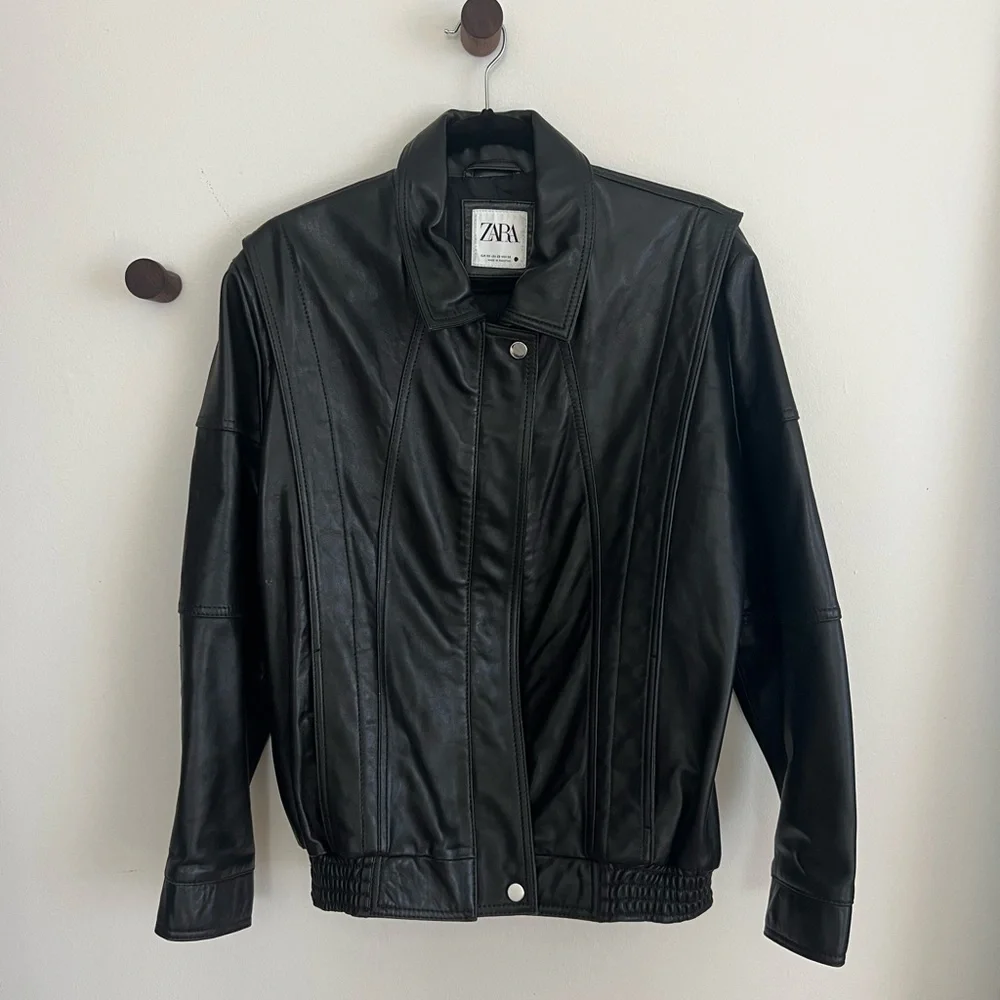 Zara Black Oversized Leather Bomber Jacket - Picture 2 of 10